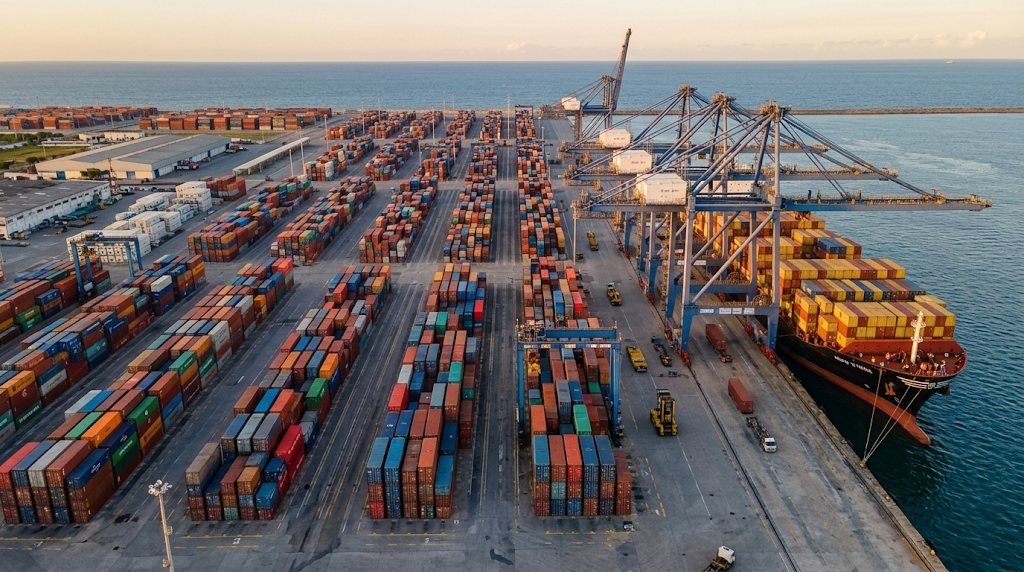 Terminal de conteineres em operacao ao fim da tarde, com navio atracado e guindastes de cais
