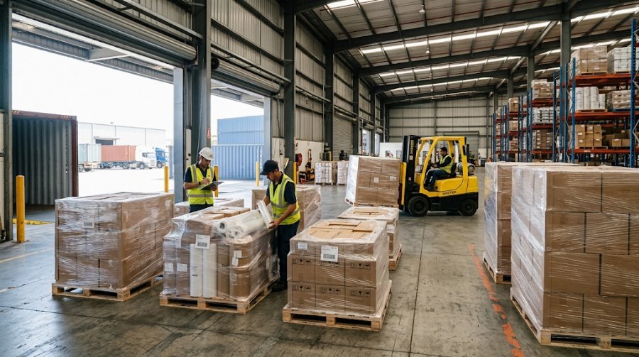 Paletes de carga preparados para exportacao em armazem