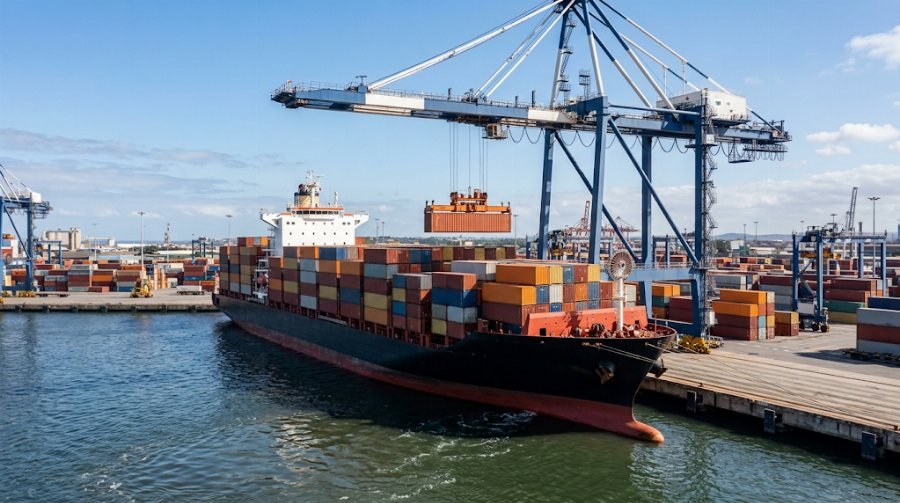 Navio porta-conteineres sendo carregado no porto