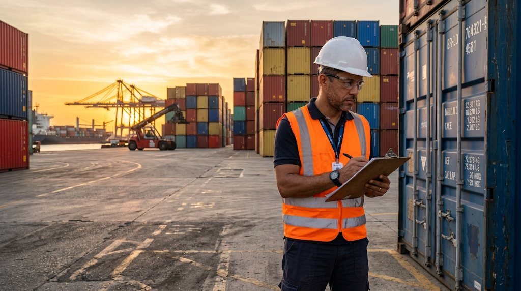 Profissional da Comercial WX inspecionando contêineres no porto
